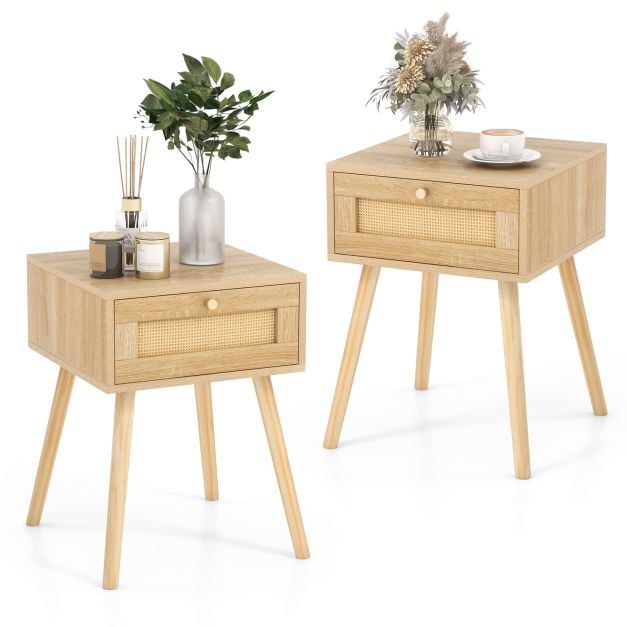 Set of 2 Rattan Bedside Tables with Drawers Side Table Nightstand Night Console Sofa Table