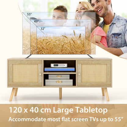 Boho PE Rattan TV Stand with 2 Cabinets and Open Shelves