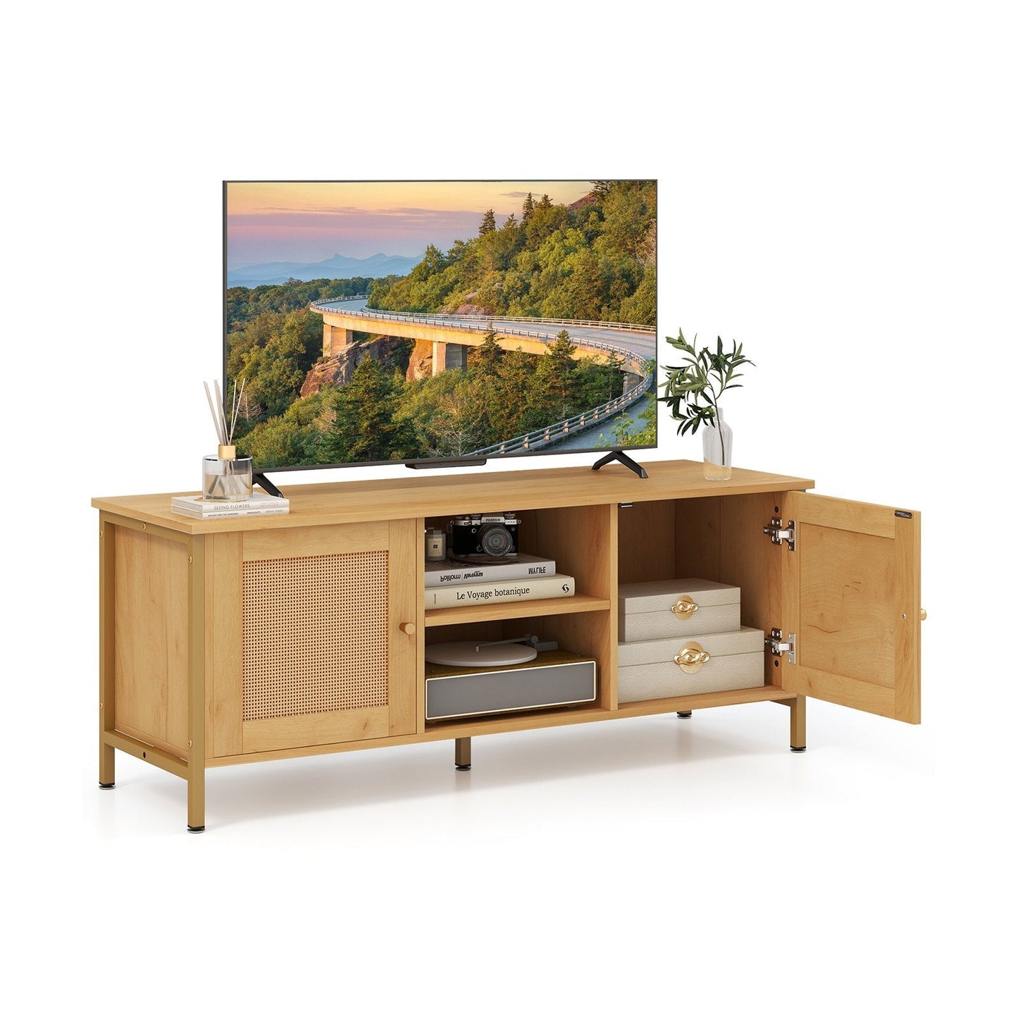 Boho TV Stand Media Console Table with 2 Cabinets and Open Shelf-Natural