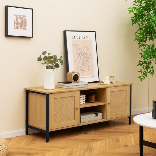 Boho TV Stand Media Console Table with 2 Cabinets and Open Shelf-Yellow