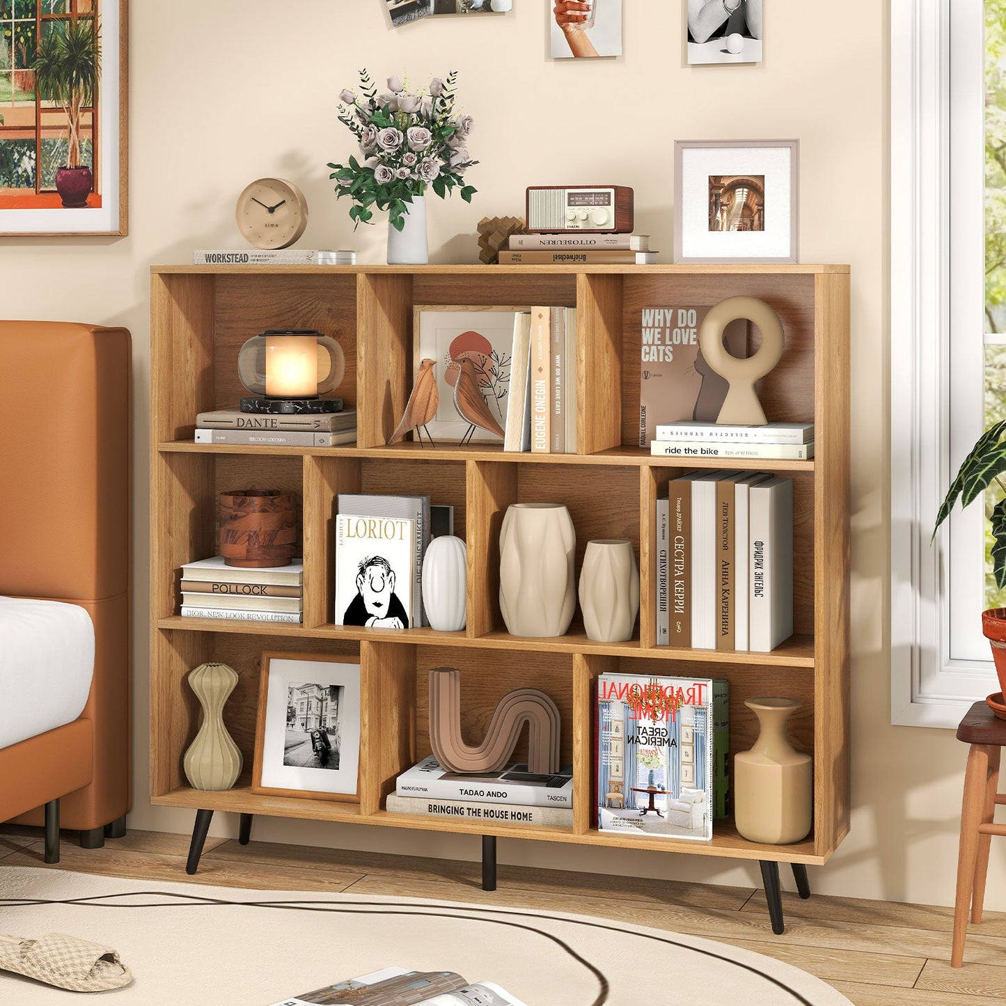 10-Cube Bookcase 120 CM Mid Century Modern Storage Organizer-Natural