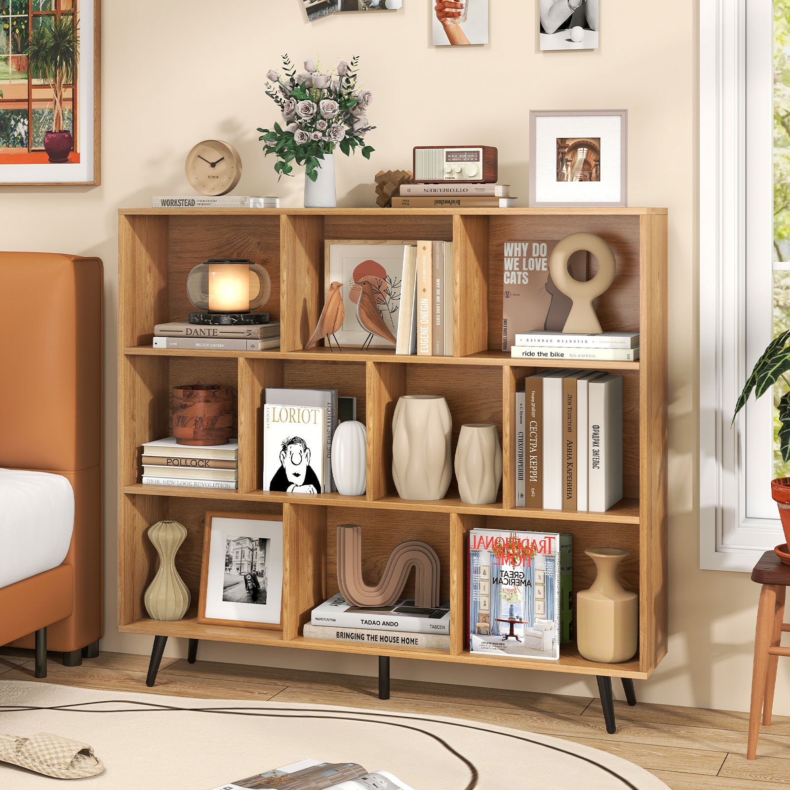 10-Cube Bookcase 120 CM Mid Century Modern Storage Organizer-Natural