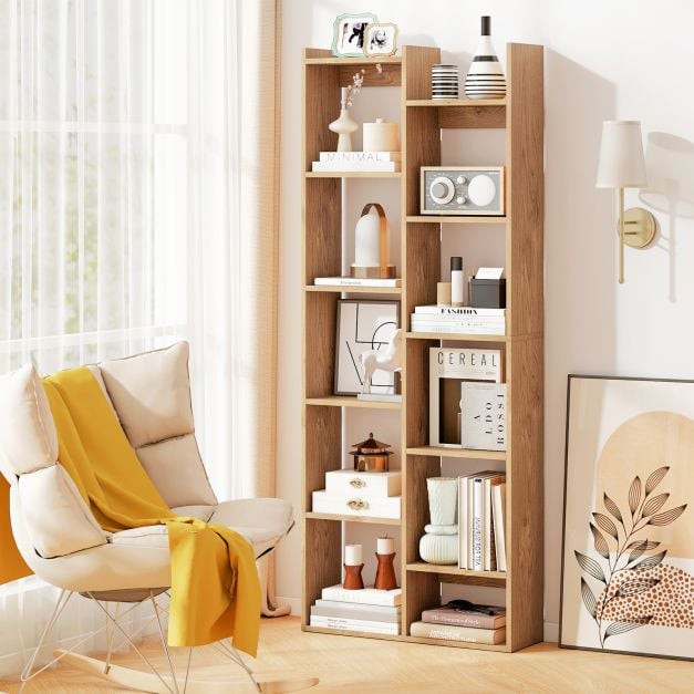 12-Tier Bookcase with Anti-Tipping Kits and Wood Display Shelf-Natural