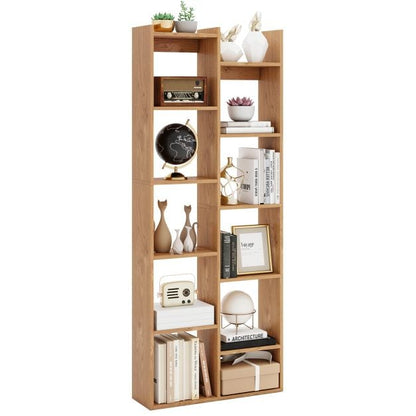 12-Tier Bookcase with Anti-Tipping Kits and Wood Display Shelf-Natural