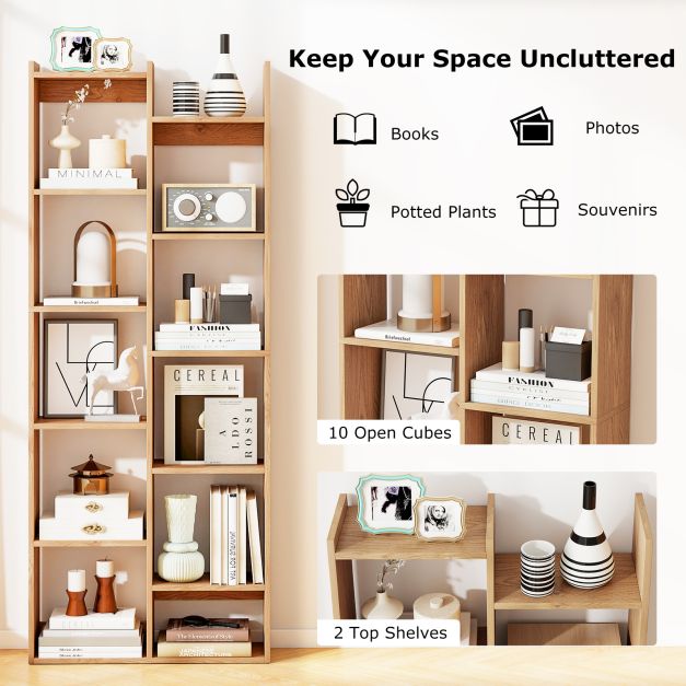 12-Tier Bookcase with Anti-Tipping Kits and Wood Display Shelf-Natural