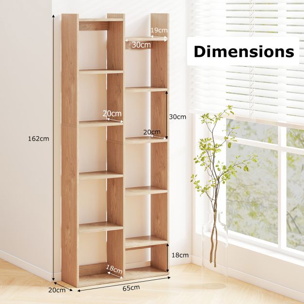 12-Tier Bookcase with Anti-Tipping Kits and Wood Display Shelf-Natural