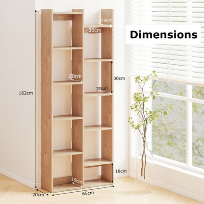 12-Tier Bookcase with Anti-Tipping Kits and Wood Display Shelf-Natural
