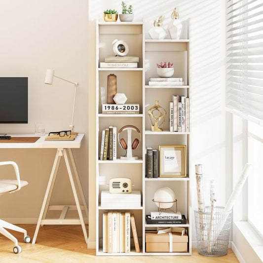 12-Tier Bookcase with Anti-Tipping Kits and Wood Display Shelf-White
