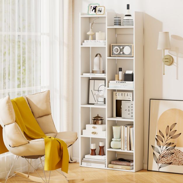 12-Tier Bookcase with Anti-Tipping Kits and Wood Display Shelf-White