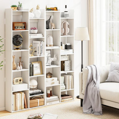 12-Tier Bookcase with Anti-Tipping Kits and Wood Display Shelf-White