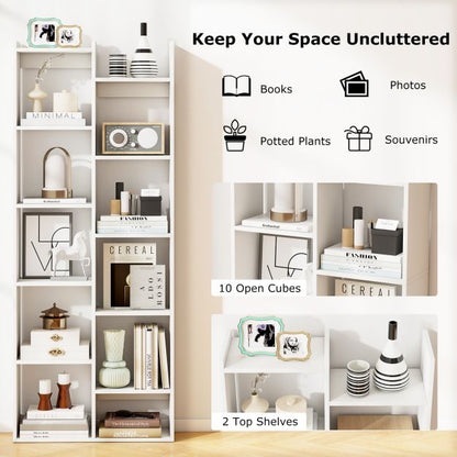 12-Tier Bookcase with Anti-Tipping Kits and Wood Display Shelf-White