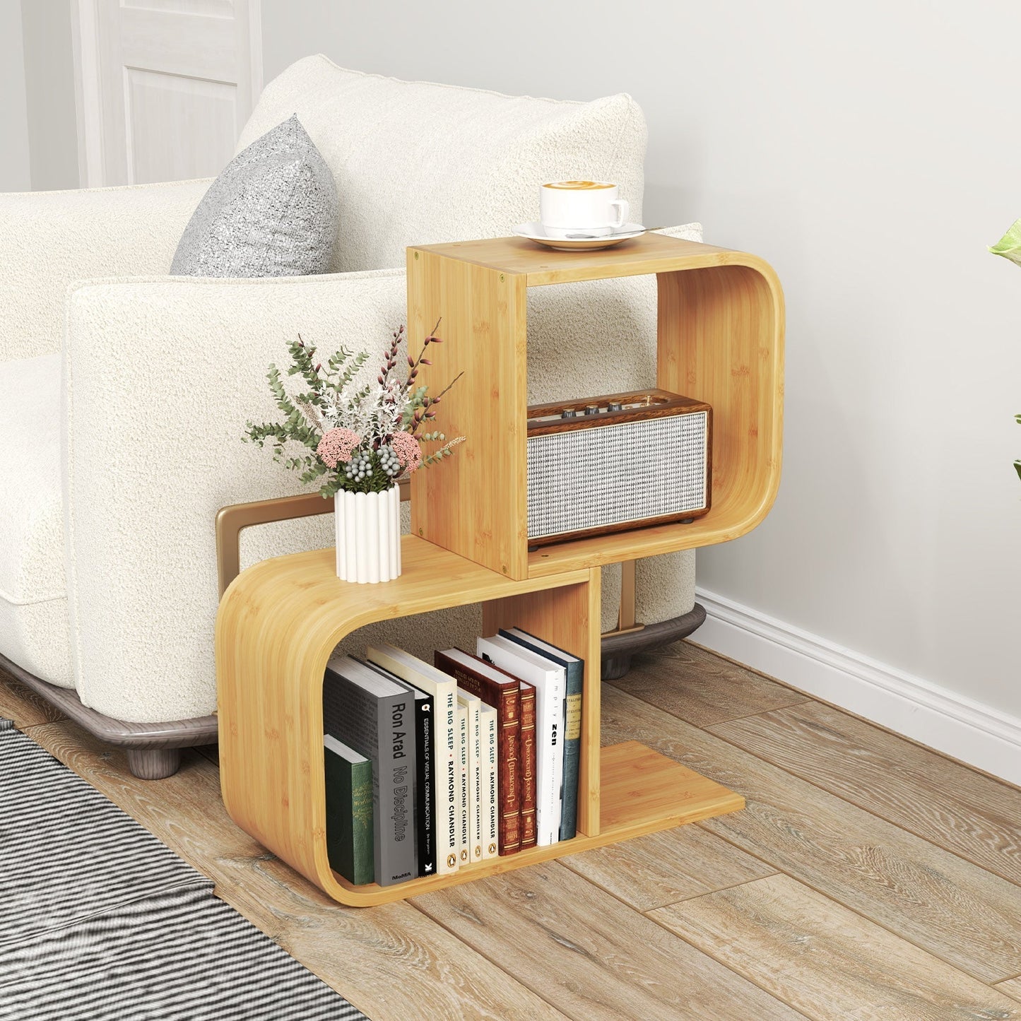 2-Tier S-Shaped Bamboo Bookcase with 2 Open Cubes-Natural