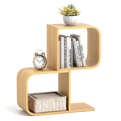 2-Tier S-Shaped Bamboo Bookcase with 2 Open Cubes-Natural