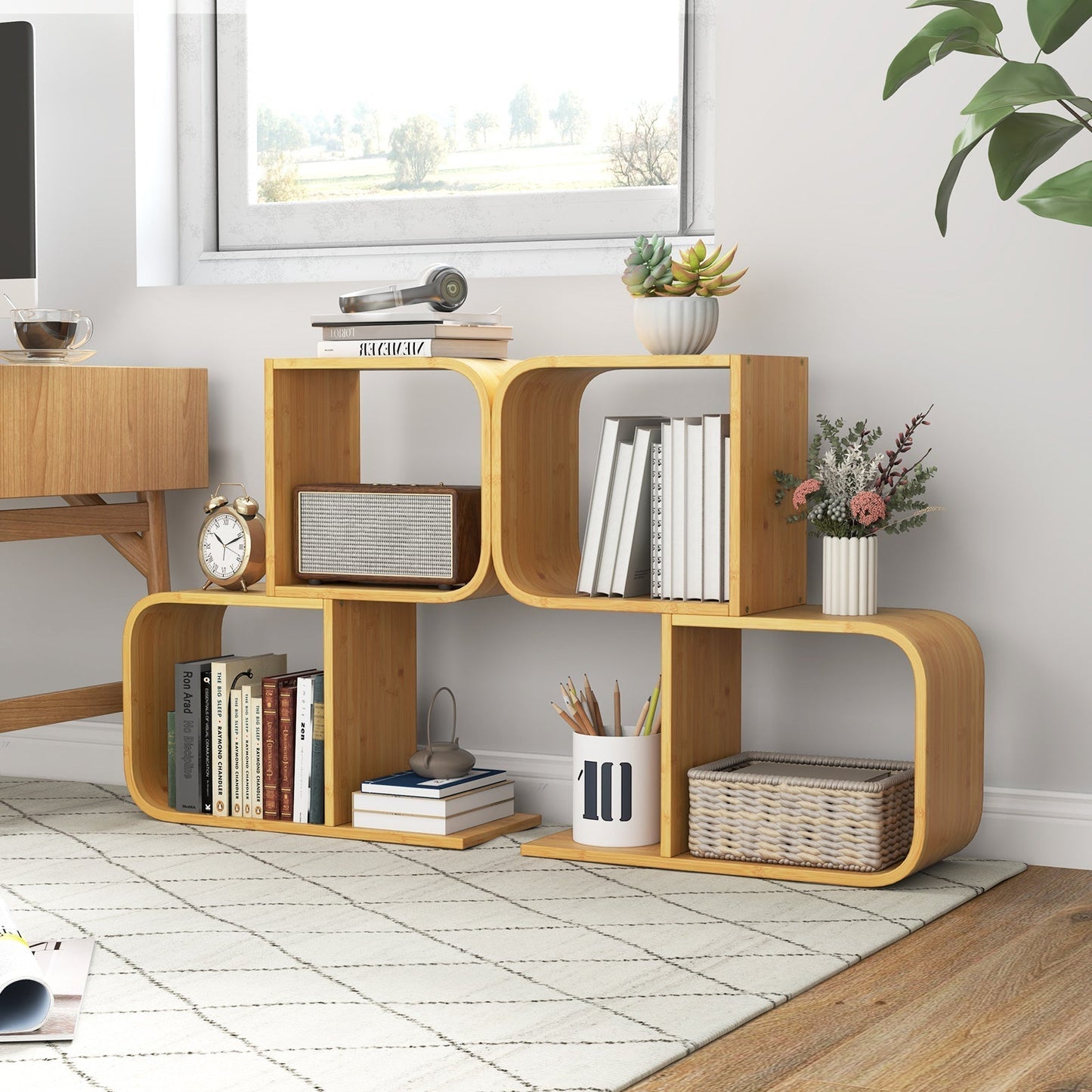 2-Tier S-Shaped Bamboo Bookcase with 2 Open Cubes-Natural