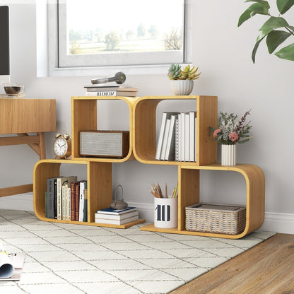 2-Tier S-Shaped Bamboo Bookcase with 2 Open Cubes-Natural