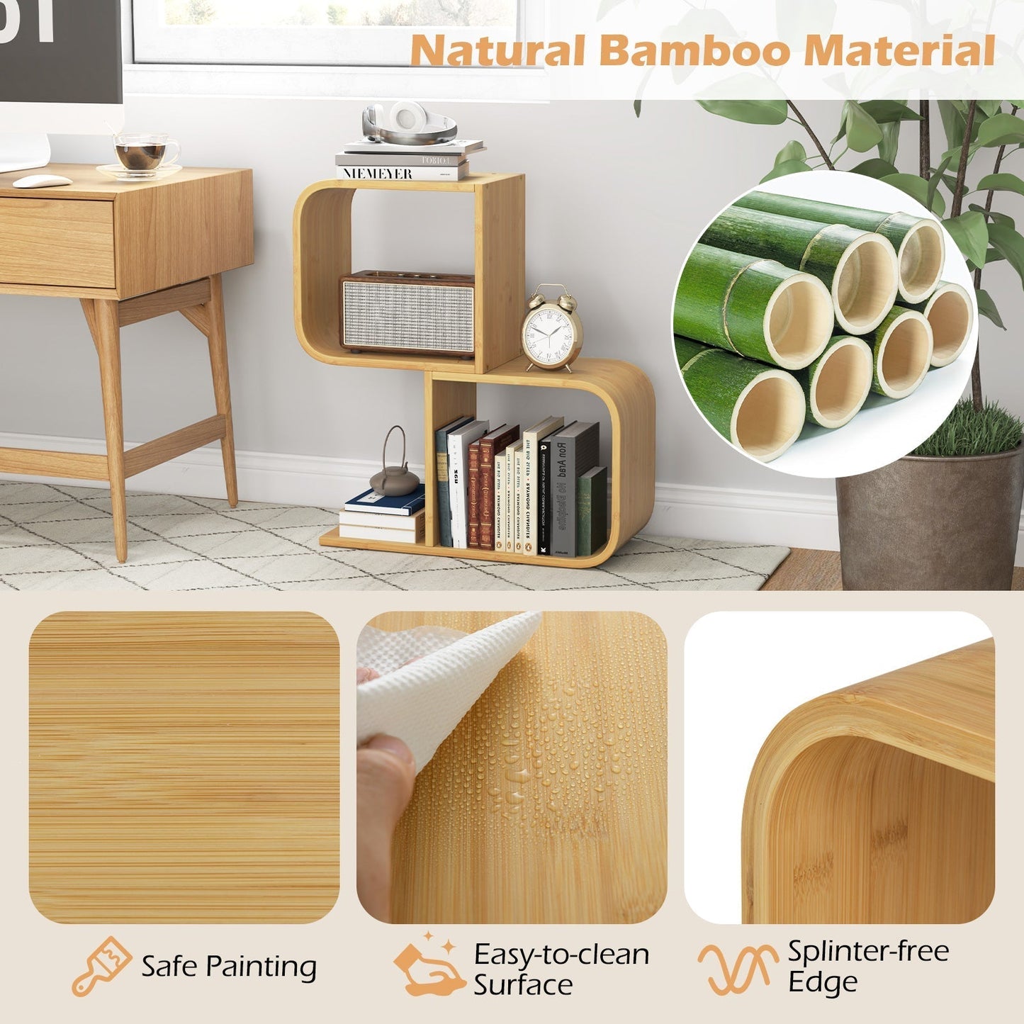 2-Tier S-Shaped Bamboo Bookcase with 2 Open Cubes-Natural