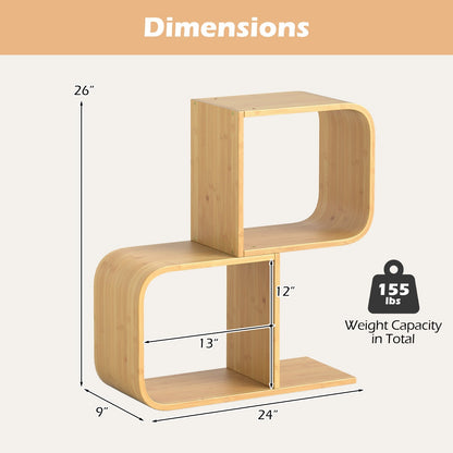 2-Tier S-Shaped Bamboo Bookcase with 2 Open Cubes-Natural