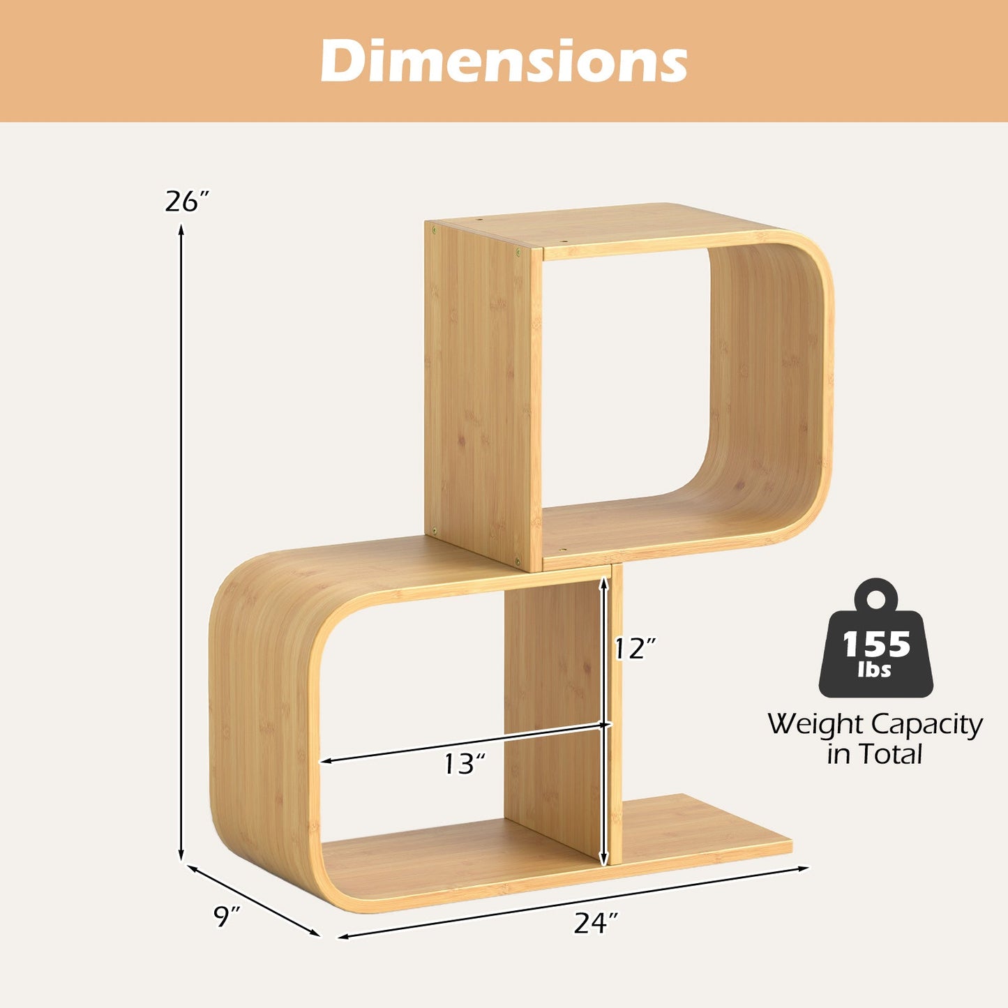 2-Tier S-Shaped Bamboo Bookcase with 2 Open Cubes-Natural