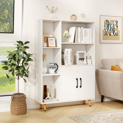 Bookcase with 5 Open Compartments and Double Doors Storage Cabinet-White