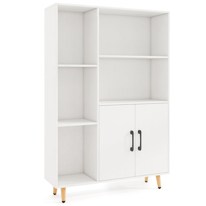 Bookcase with 5 Open Compartments and Double Doors Storage Cabinet-White