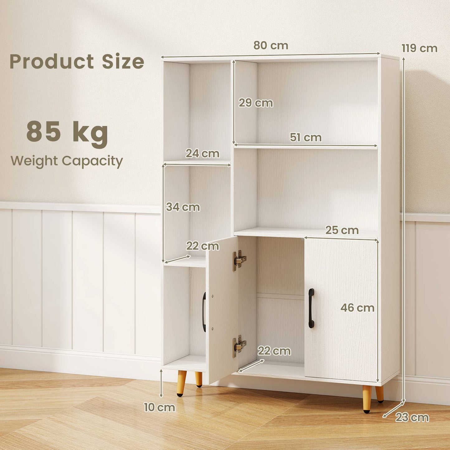 Bookcase with 5 Open Compartments and Double Doors Storage Cabinet-White