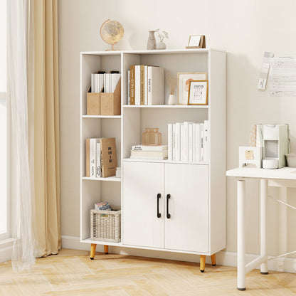 Bookcase with 5 Open Compartments and Double Doors Storage Cabinet-White