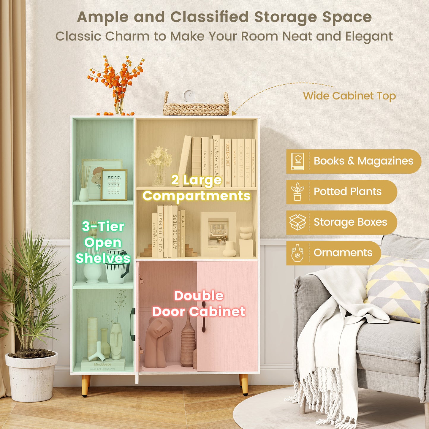 Bookcase with 5 Open Compartments and Double Doors Storage Cabinet-White