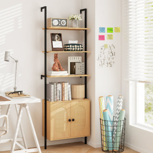 Bookcase with Rattan Cabinet and Adjustable Shelf-Natural