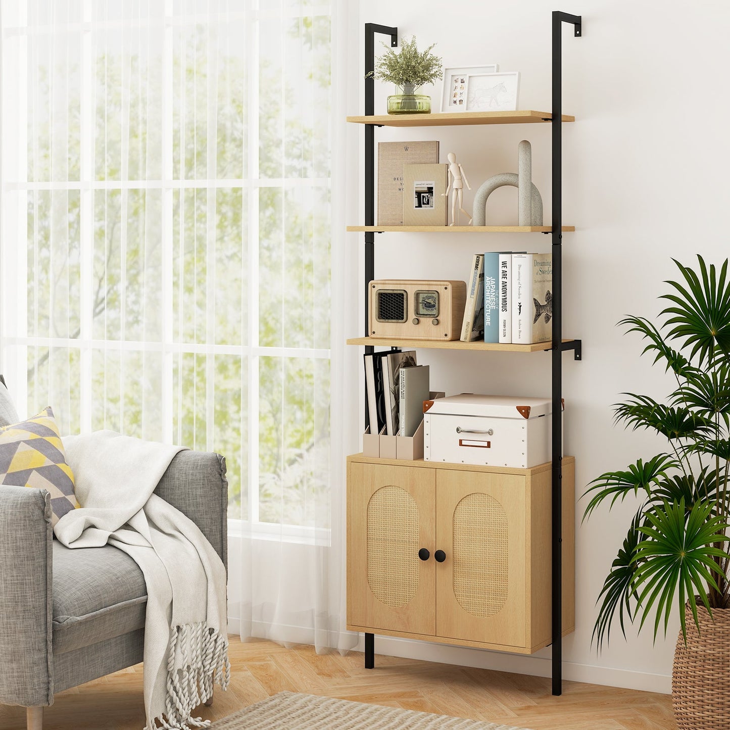 Bookcase with Rattan Cabinet and Adjustable Shelf-Natural