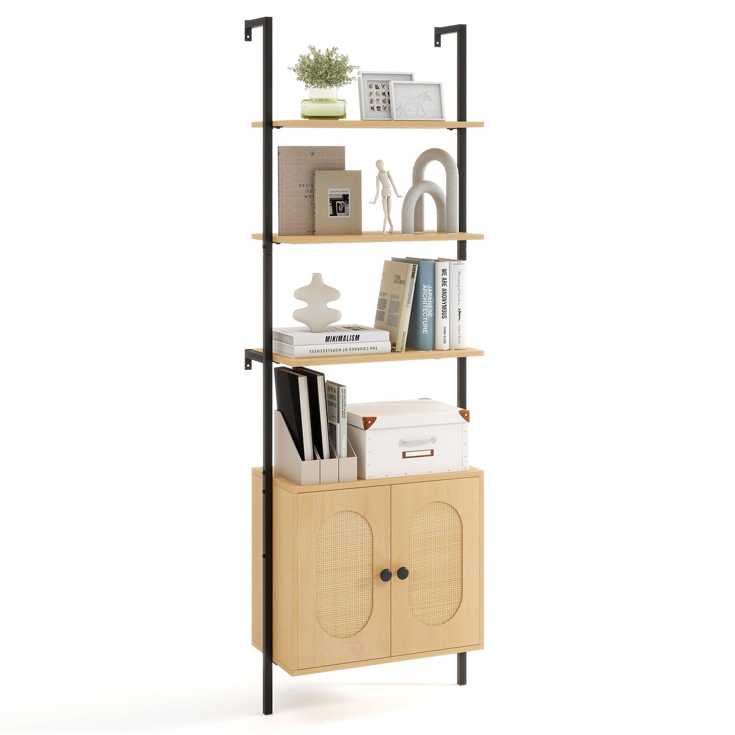 Bookcase with Rattan Cabinet and Adjustable Shelf-Natural