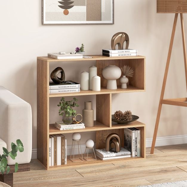 3-tier Bookshelf Irregular Open Back Bookcase with 3 Cubes-Natural