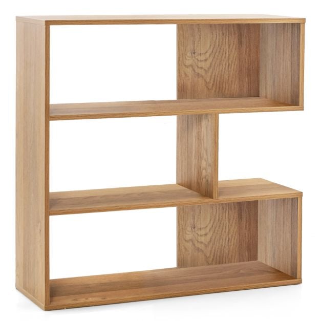 3-tier Bookshelf Irregular Open Back Bookcase with 3 Cubes-Natural