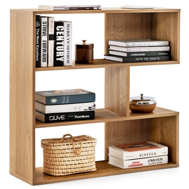 3-tier Bookshelf Irregular Open Back Bookcase with 3 Cubes-Natural
