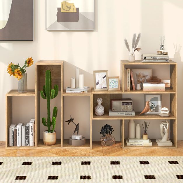 3-tier Bookshelf Irregular Open Back Bookcase with 3 Cubes-Natural