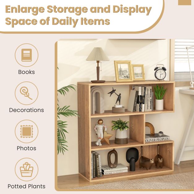 3-tier Bookshelf Irregular Open Back Bookcase with 3 Cubes-Natural