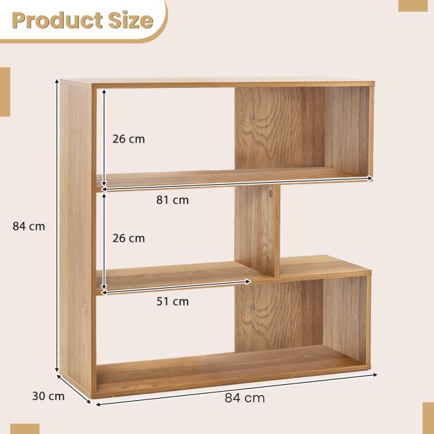 3-tier Bookshelf Irregular Open Back Bookcase with 3 Cubes-Natural