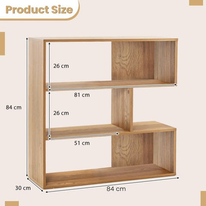 3-tier Bookshelf Irregular Open Back Bookcase with 3 Cubes-Natural