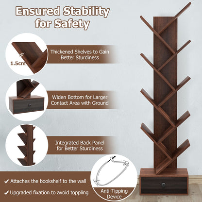 رف كتب على شكل شجرة مكون من 10 طبقات مع درج ومجموعة أدوات مقاومة للانقلاب - بني