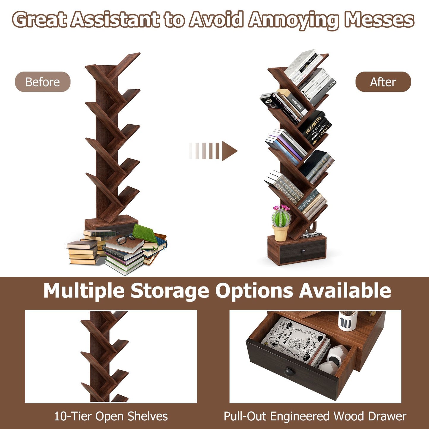 رف كتب على شكل شجرة مكون من 10 طبقات مع درج ومجموعة أدوات مقاومة للانقلاب - بني