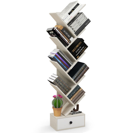 10-Tier Tree Bookshelf with Drawer with Anti-Tipping Kit-Beige