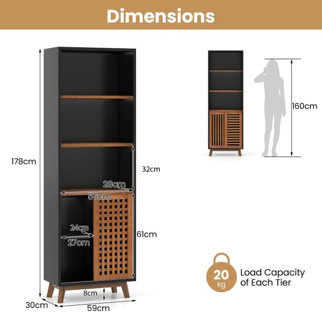 178 CM 5-Tier Bookshelf with Reversible Adjustable Shelf-Black