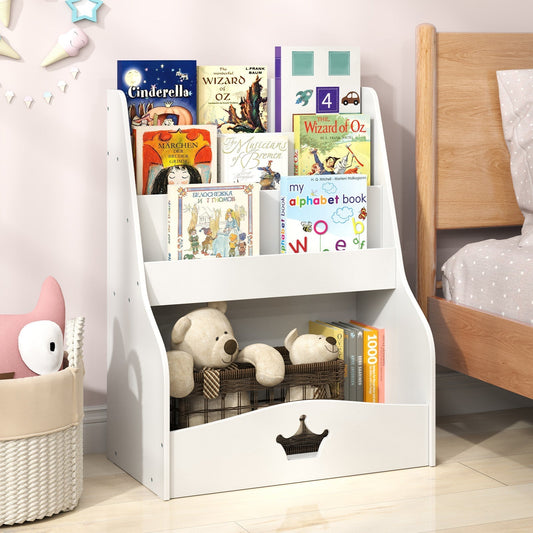4-Tier Kids Bookshelf with Shelves and Compartment for Toddlers-White