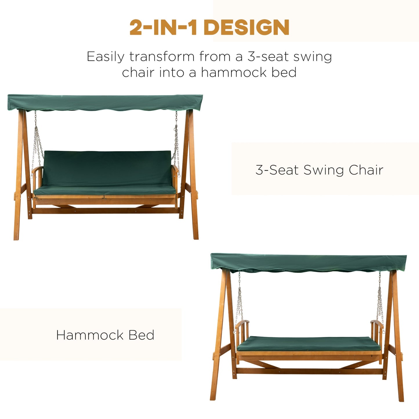 Outsunny 3 Seater 2-in-1 Wooden Garden Swing Seat Swing Chair Outdoor Convertible Hammock Bench Furniture Lounger Bed Wood, Dark Green