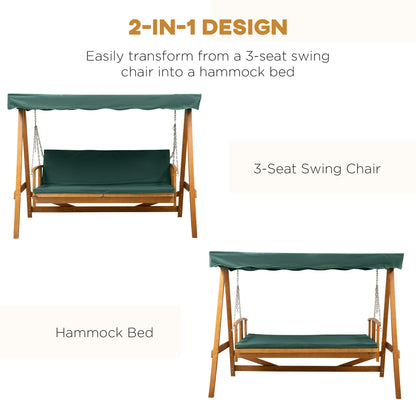 Outsunny 3 Seater 2-in-1 Wooden Garden Swing Seat Swing Chair Outdoor Convertible Hammock Bench Furniture Lounger Bed Wood, Dark Green