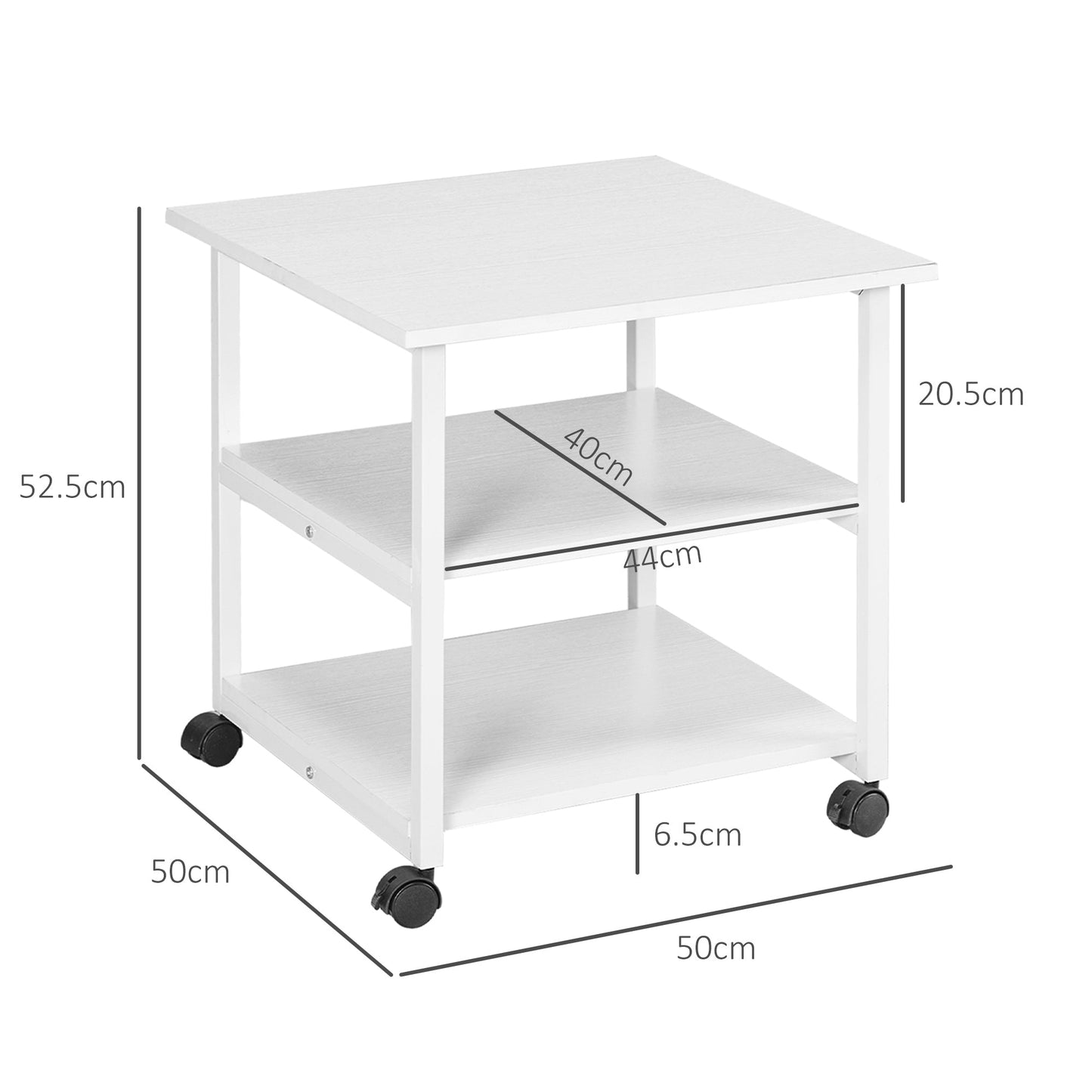 3-Tier Printer Stand with Storage Shelf, Mobile Printer Table on Wheels, 50 x 50 x 52.5cm Rolling Printer Cart for Home Office, White