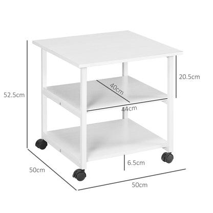 3-Tier Printer Stand with Storage Shelf, Mobile Printer Table on Wheels, 50 x 50 x 52.5cm Rolling Printer Cart for Home Office, White