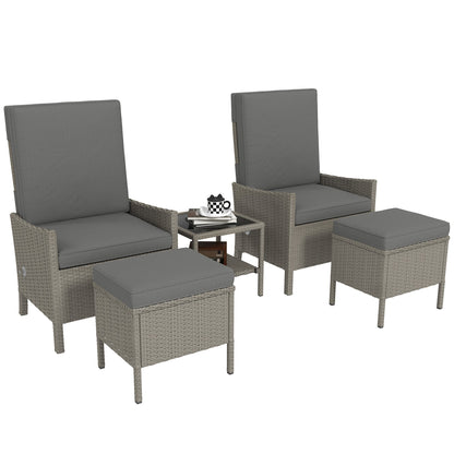 Outsunny 5 Piece Rattan Garden Furniture Set, Wicker Patio Sofa Set with 2 Armchairs, 2 Footstools, Glass Top Coffee Table with Shelf, Outdoor Furniture with Adjustable Backrests, Cushions, Dark Grey