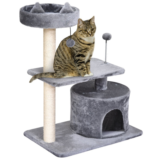 PawHut Multi Level Cat Tree for Indoor Cats with Scratching Post Bed Condo Perch, Kitten Climbing Tower, Grey 60L x 40W x 81H cm