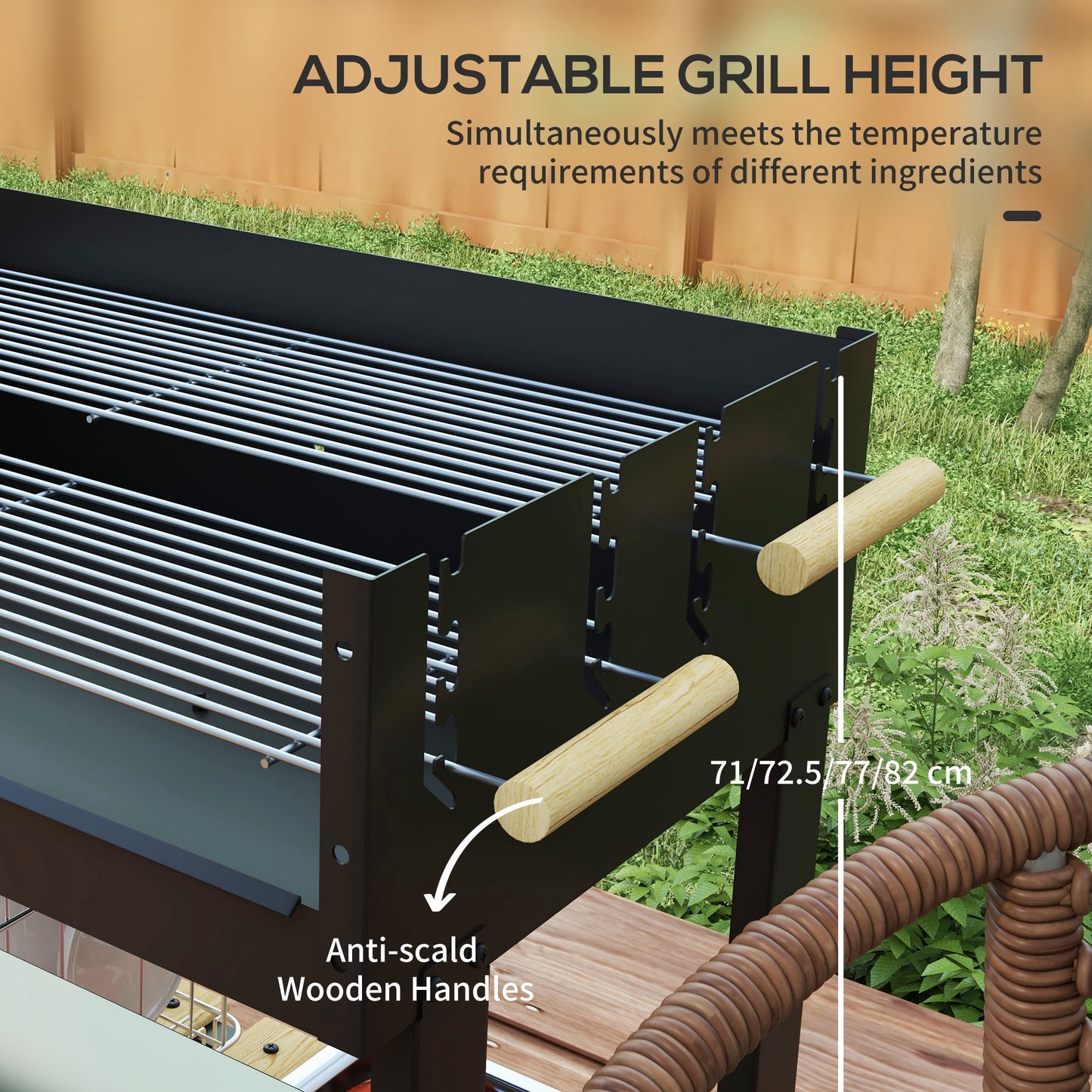 Outsunny Węgiel drzewny√Ç BBQ√Ç Grill, Wózek na grilla√Ç z podwójnym regulowanym grillem, stolikiem bocznym, półką do przechowywania i kółkami do gotowania na świeżym powietrzu w ogrodzie, czarny