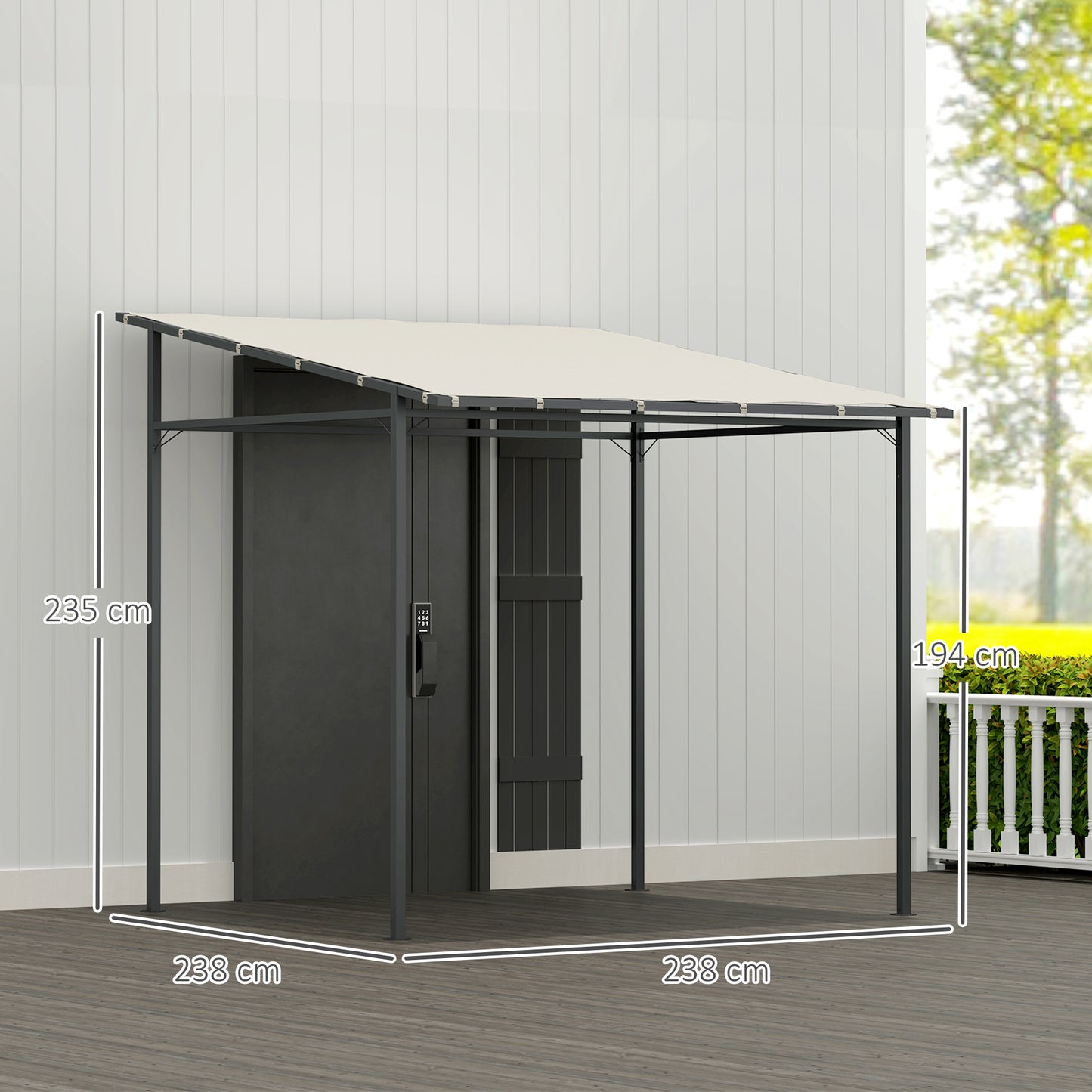 Outsunny 2.4 x 2.4 m Wall Mounted Pergola Gazebo with PA Coating Fabric and Metal Frame, UPF30+, Lean to Garden Gazebo, Wind Resistant Outdoor Sun Shade Shelter for Garden, Deck, Cream White